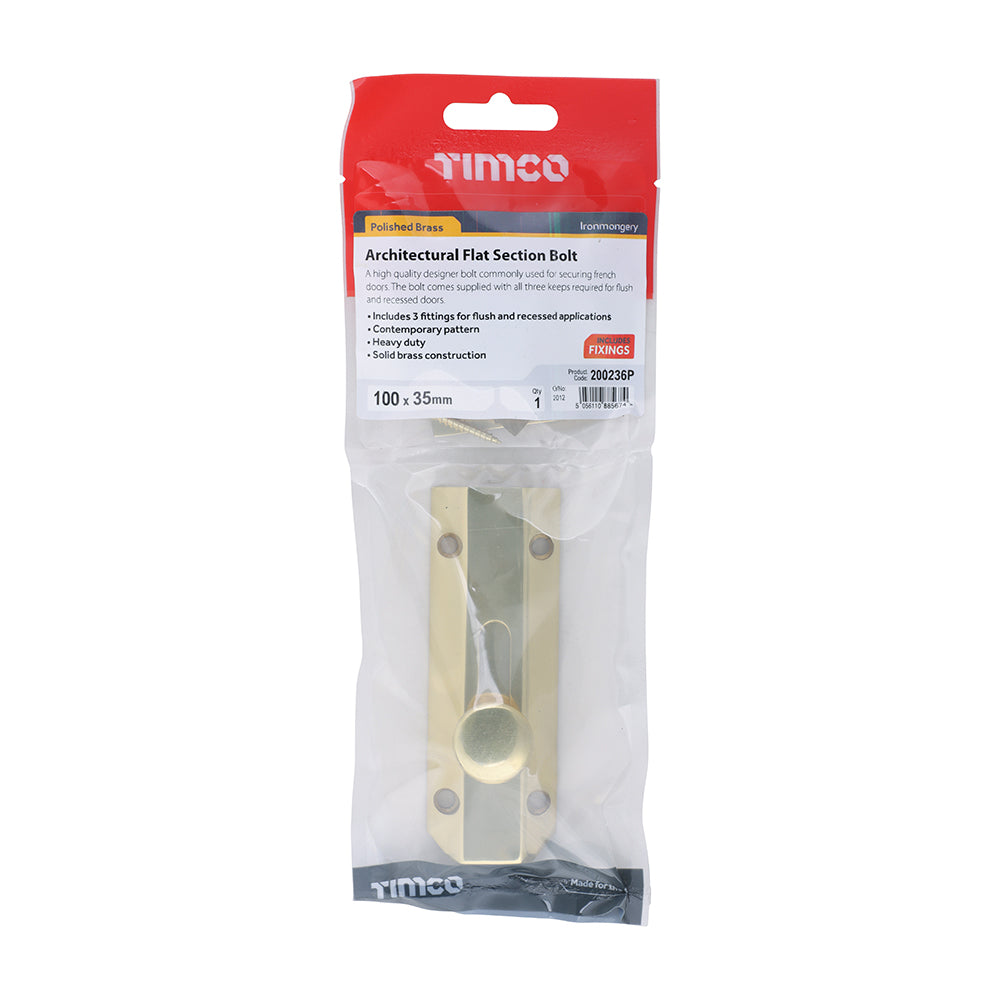 This is an image of Timco - Architectural Flat Section Bolt - Polished Brass 100 x 35mm (1 Each TIMpac) 200236P