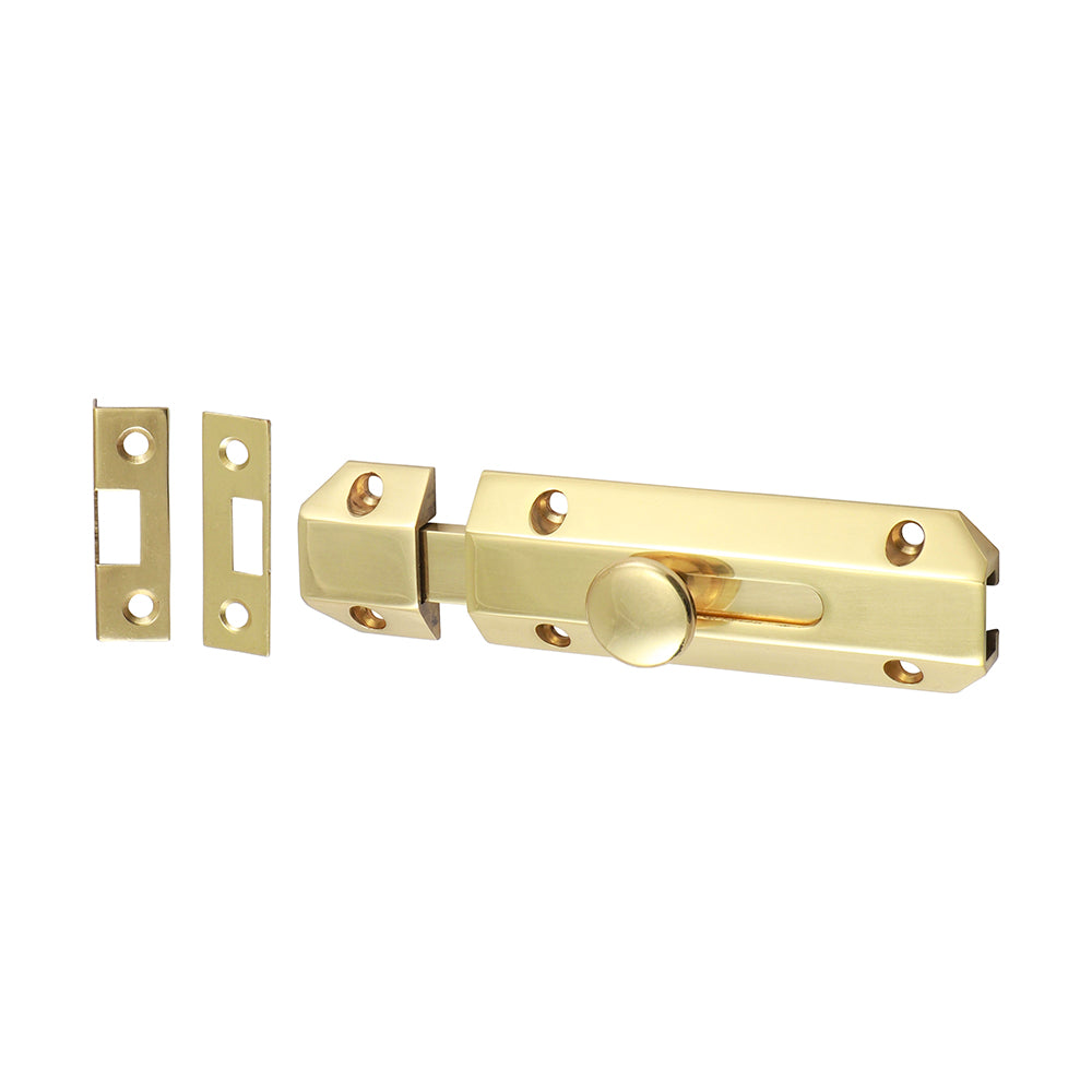 This is an image of Timco - Architectural Flat Section Bolt - Polished Brass 100 x 35mm (1 Each Bag) 200236