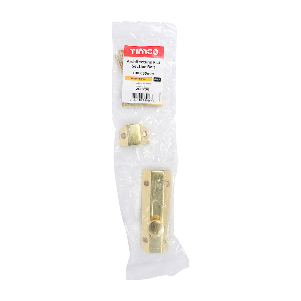 This is an image of Timco - Architectural Flat Section Bolt - Polished Brass 100 x 35mm (1 Each Bag) 200236