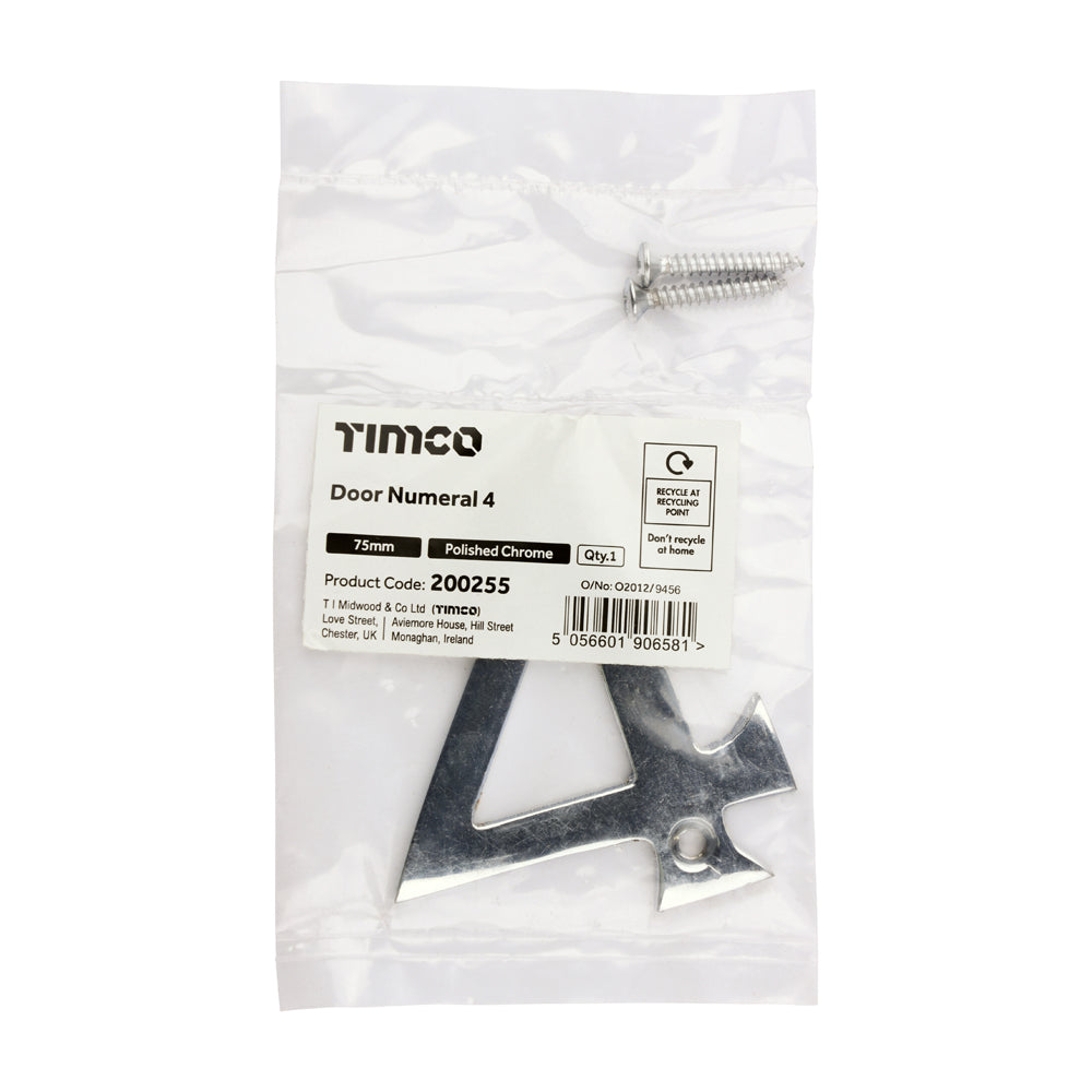 This is an image of Timco - Door Numeral 4 - Polished Chrome 75mm (1 Each Bag) 200255