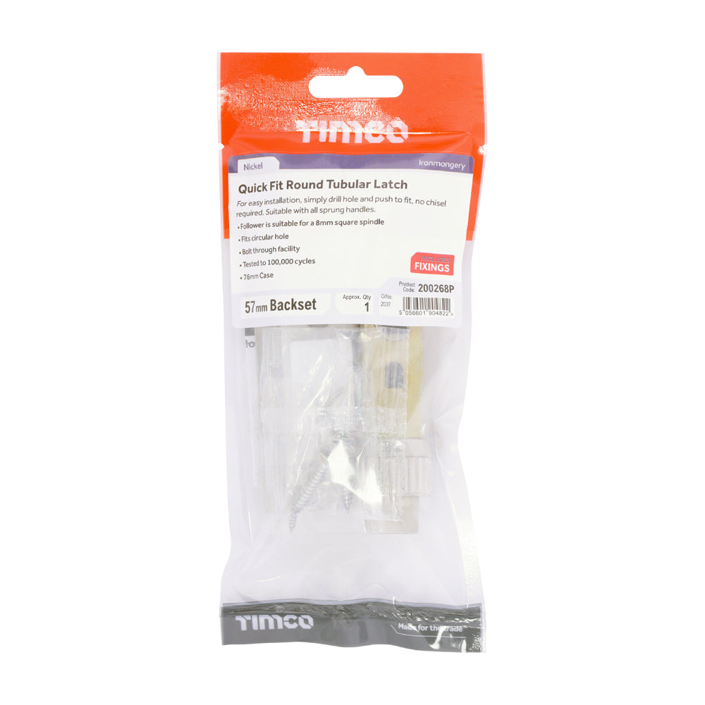 This is an image of Timco - Quick Fit Round Tubular Latch - Nickel 76 case / 57 backset (1 Each TIMpac) 200268P