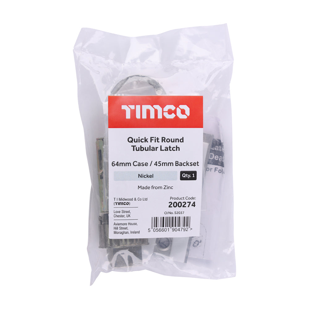 This is an image of Timco - Quick Fit Round Tubular Latch - Nickel 64 case / 45 backset (1 Each Bag) 200274