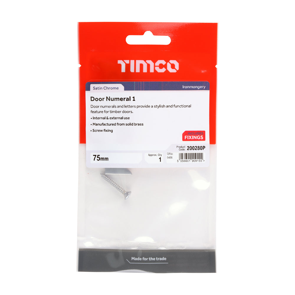This is an image of Timco - Door Numeral 1 - Satin Chrome 75mm (1 Each TIMpac) 200280P