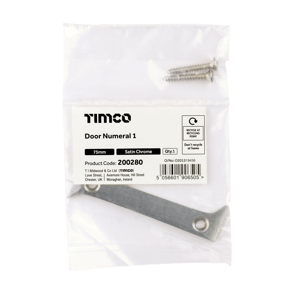 This is an image of Timco - Door Numeral 1 - Satin Chrome 75mm (1 Each Bag) 200280