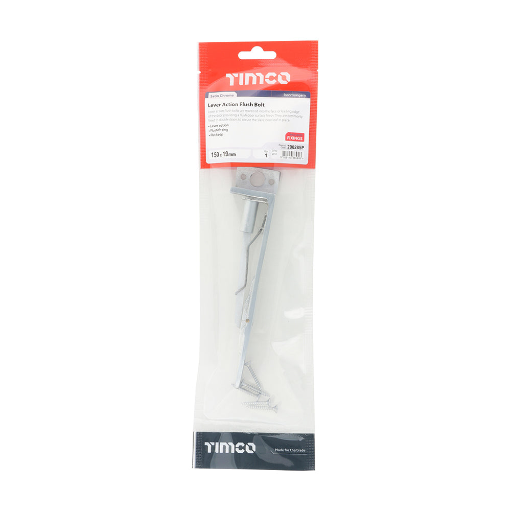 This is an image of Timco - Lever Action Flush Bolt - Satin Chrome 150 x 19mm (1 Each TIMpac) 200285P