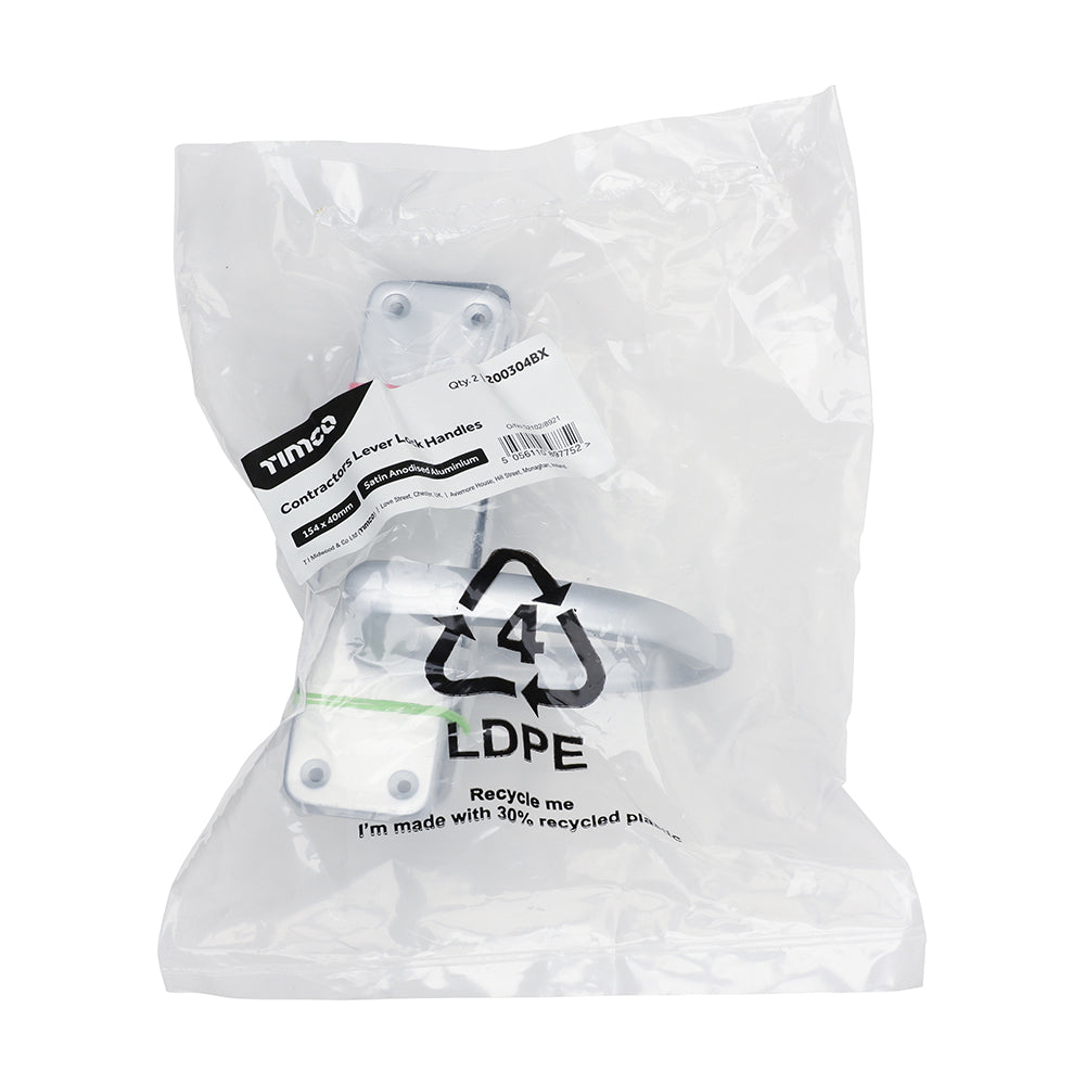 This is an image of Timco - Contractors Lever Lock Handles - Satin Anodised Aluminium 154 x 40 (2 Pieces Bag) 200304BX