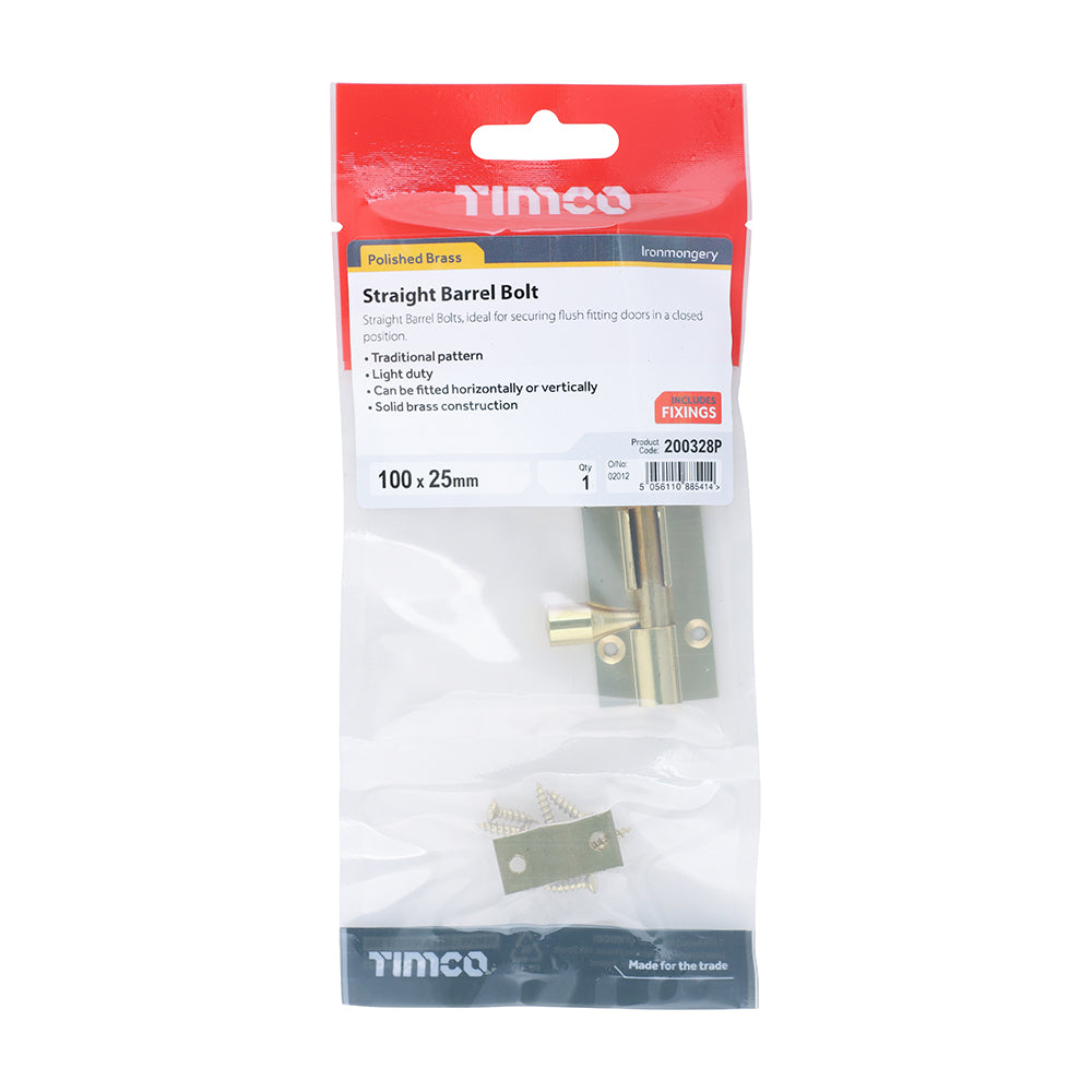 This is an image of Timco - Straight Barrel Bolt - Polished Brass 100 x 25mm (1 Each TIMpac) 200328P