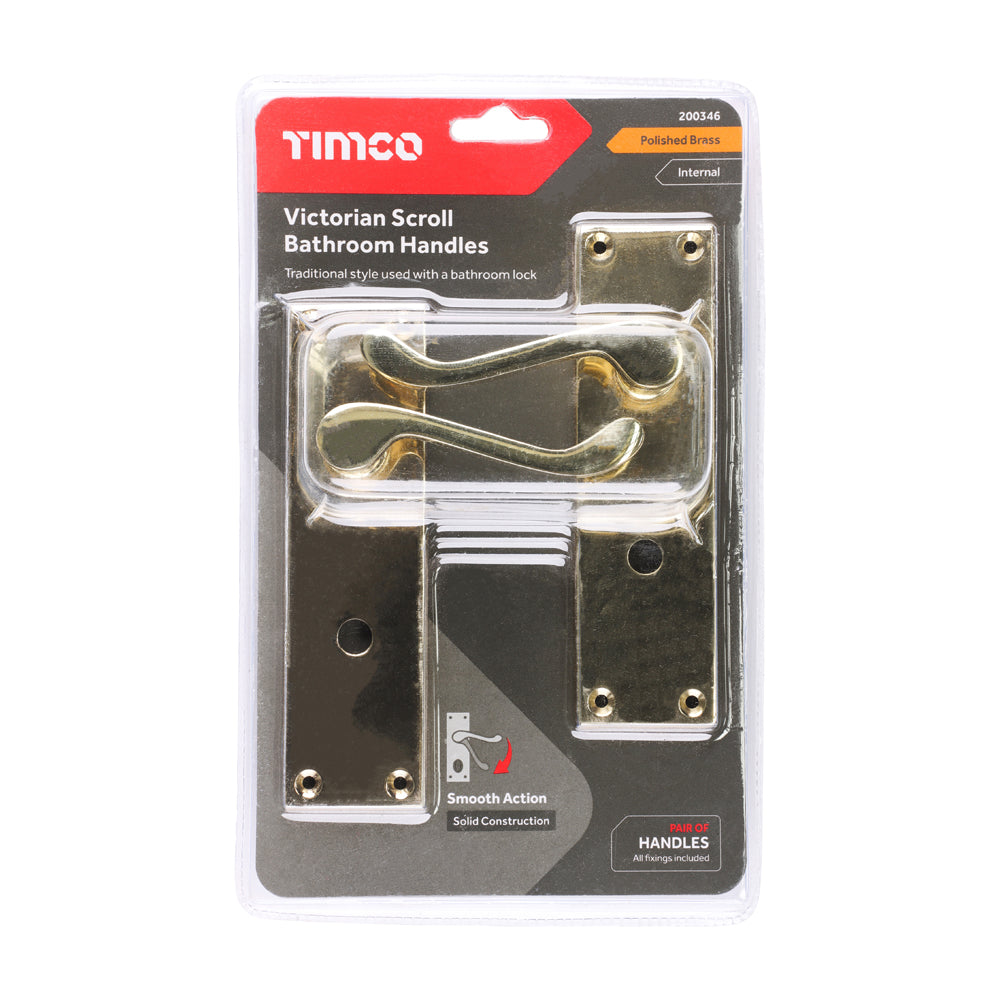 This is an image of Timco - Victorian Scroll Bathroom Handles - Polished Brass 152 x 42 (1 Pairs Blister Pack) 200346