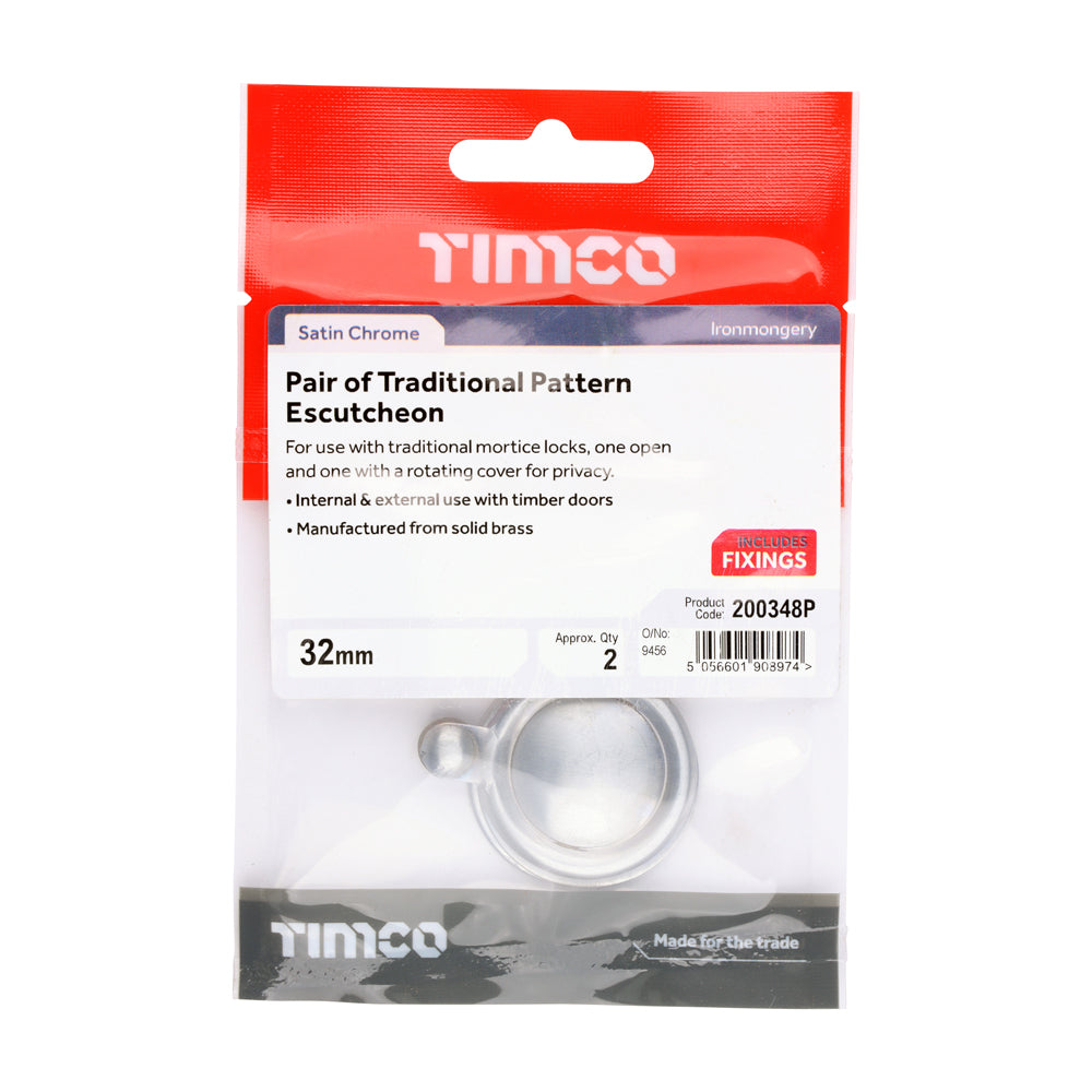 This is an image of Timco - Pair of Traditional Pattern Escutcheon - Satin Chrome 32mm (1 Pairs TIMpac) 200348P