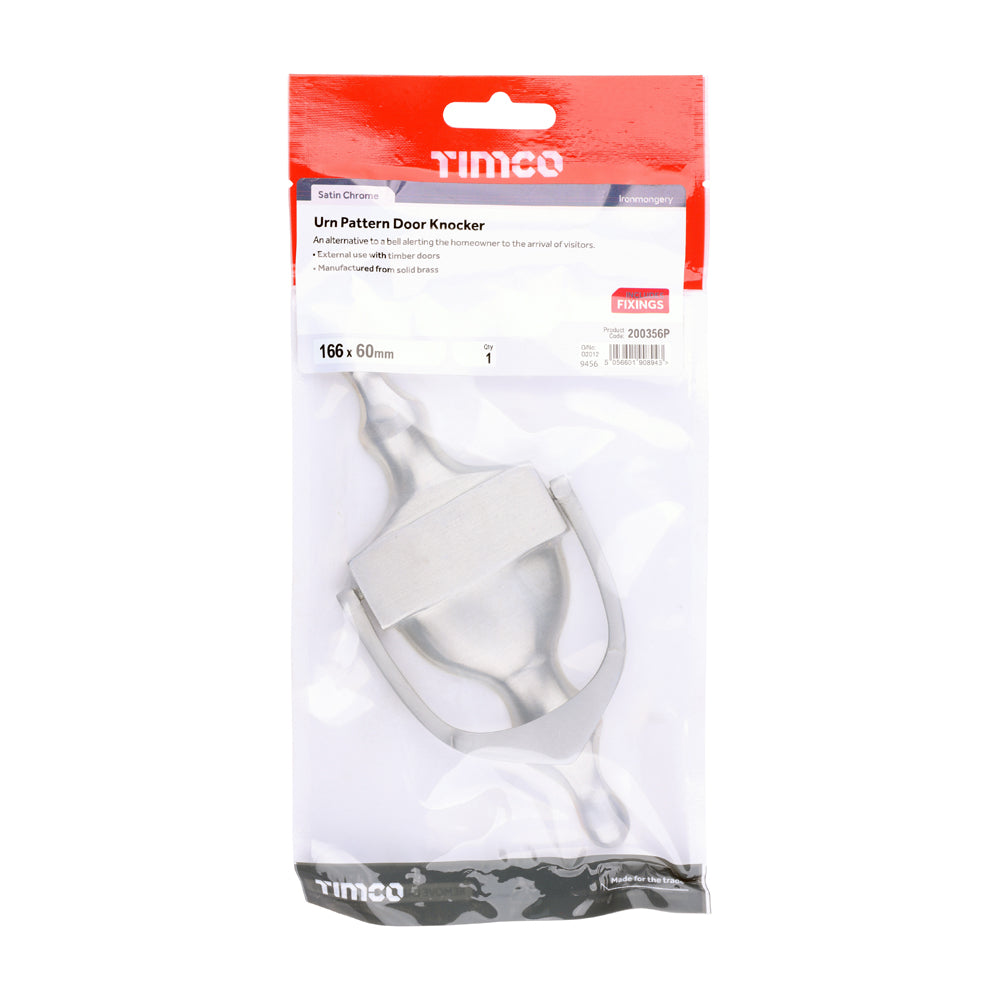 This is an image of Timco - Urn Pattern Door Knocker - Satin Chrome 166 x 60 (1 Each TIMbag) 200356P
