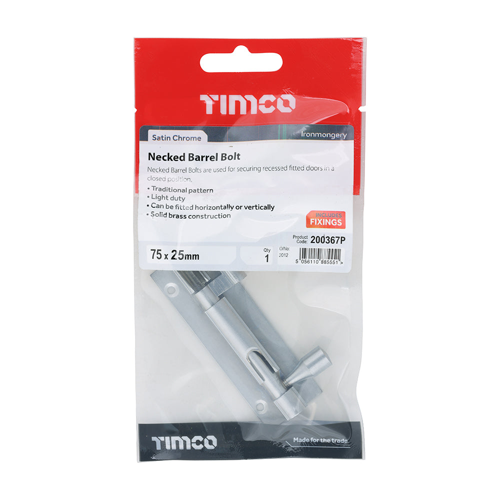 This is an image of Timco - Necked Barrel Bolt - Satin Chrome 75 x 25mm (1 Each TIMpac) 200367P