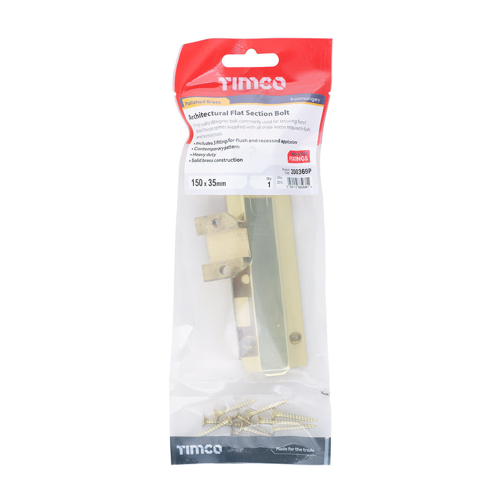 This is an image of Timco - Architectural Flat Section Bolt - Polished Brass 150 x 35mm (1 Each TIMpac) 200369P