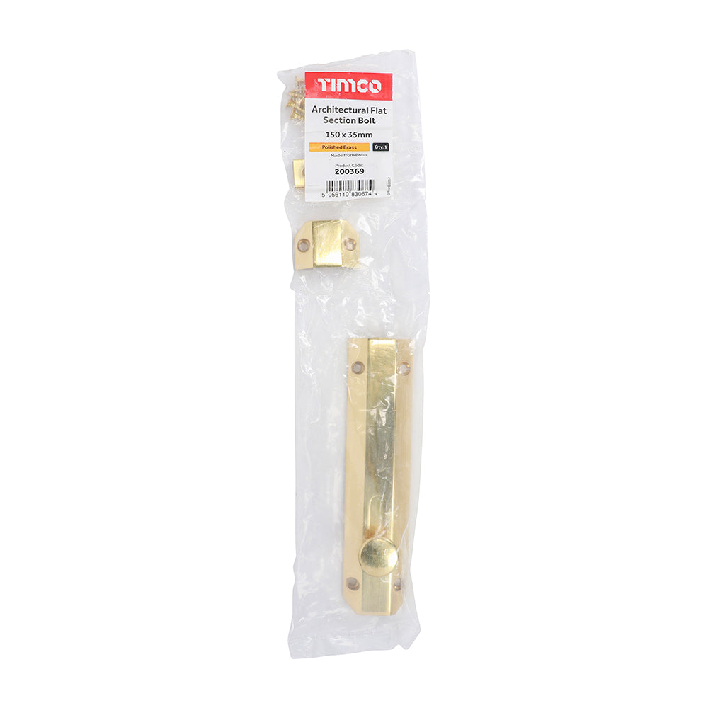This is an image of Timco - Architectural Flat Section Bolt - Polished Brass 150 x 35mm (1 Each Bag) 200369