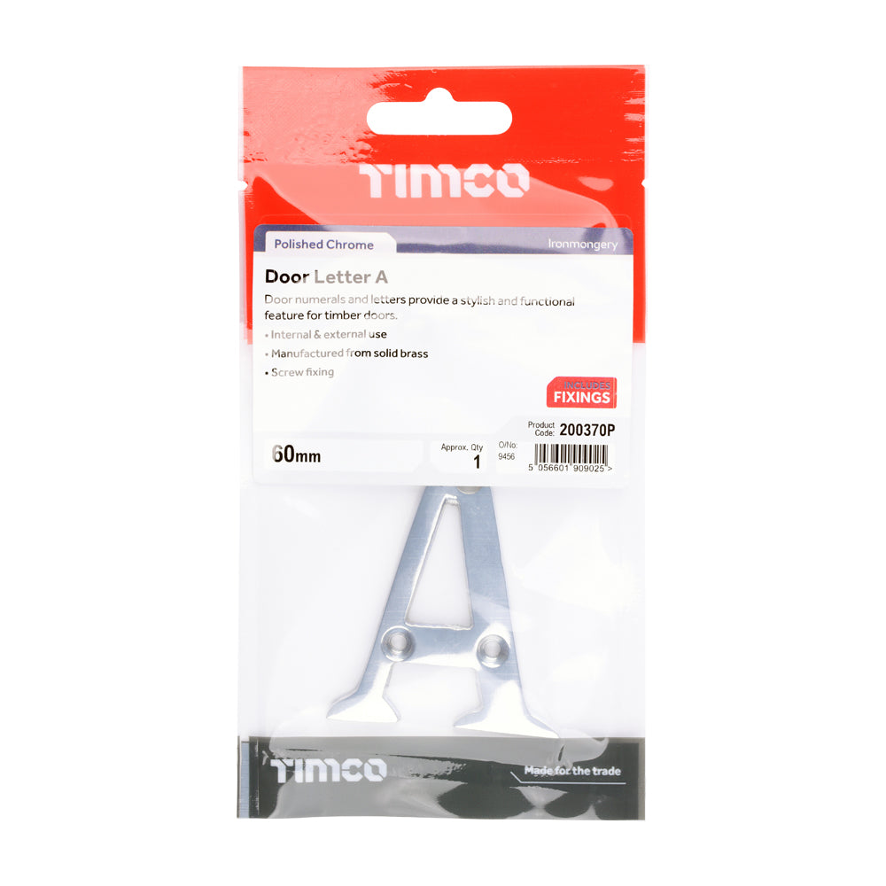 This is an image of Timco - Door Letter A - Polished Chrome 60mm (1 Each TIMpac) 200370P