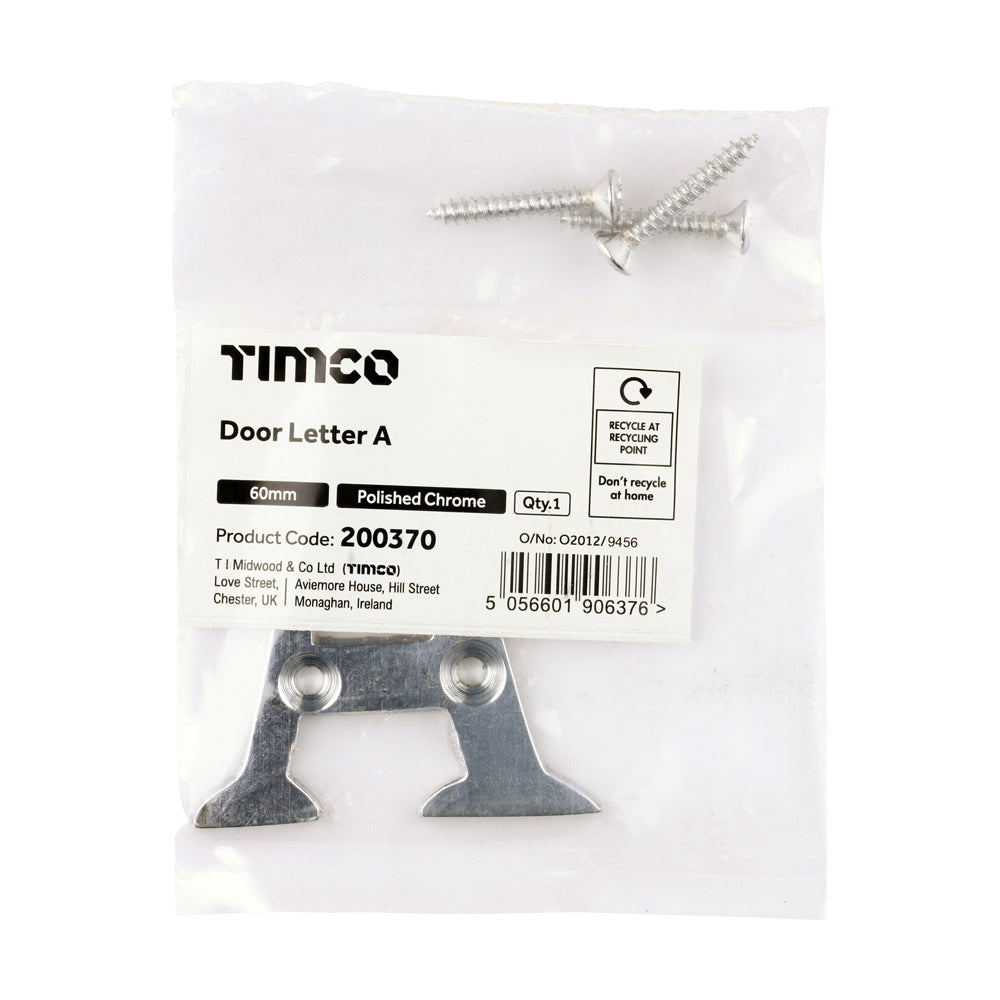 This is an image of Timco - Door Letter A - Polished Chrome 60mm (1 Each Bag) 200370