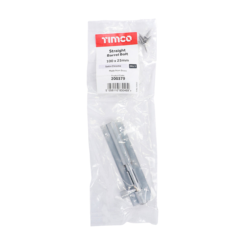 This is an image of Timco - Straight Barrel Bolt - Satin Chrome 100 x 25mm (1 Each Bag) 200379