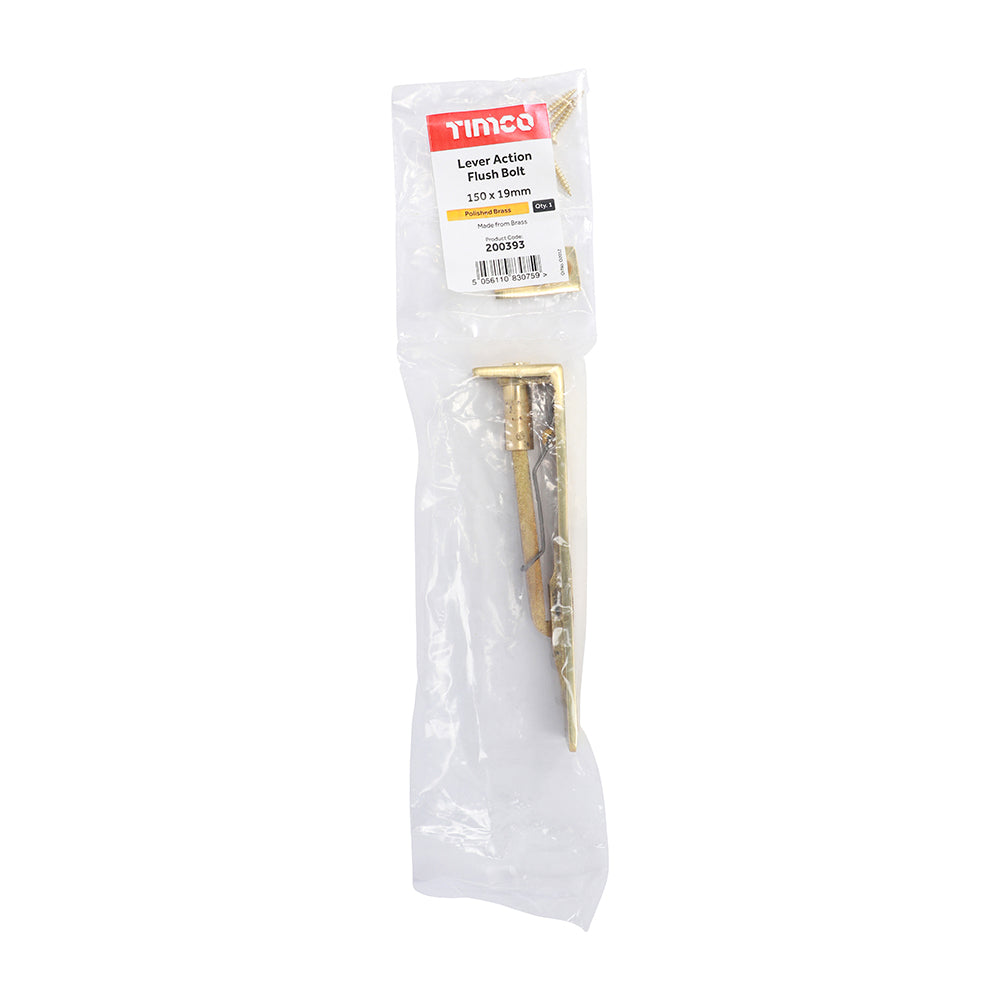 This is an image of Timco - Lever Action Flush Bolt - Polished Brass 150 x 19mm (1 Each Bag) 200393