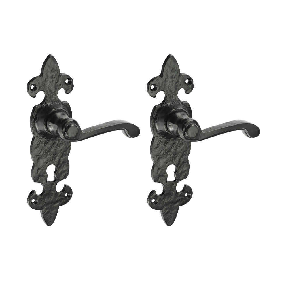 This is an image of Timco - Fleur De Lys Ornate Lever Lock Handles - Antique Black 195 x 55 (1 Pairs Box) 200420