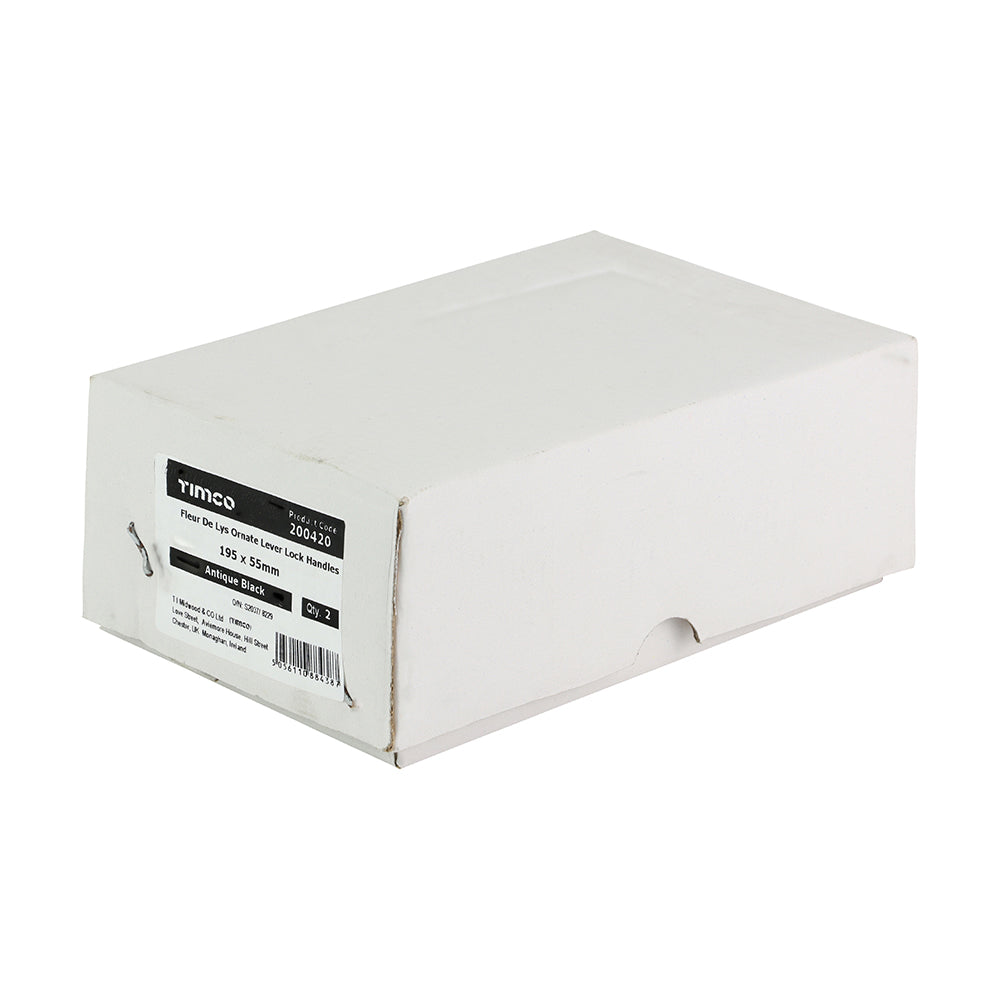This is an image of Timco - Fleur De Lys Ornate Lever Lock Handles - Antique Black 195 x 55 (1 Pairs Box) 200420
