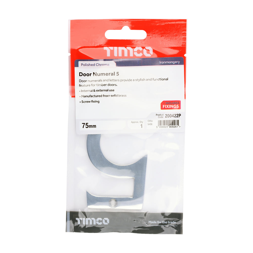 This is an image of Timco - Door Numeral 5 - Polished Chrome 75mm (1 Each TIMpac) 200422P