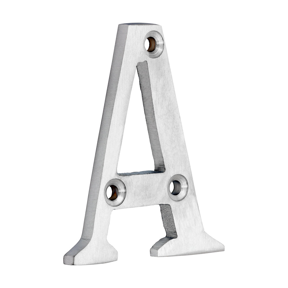This is an image of Timco - Door Letter A - Satin Chrome 60mm (1 Each Bag) 200483