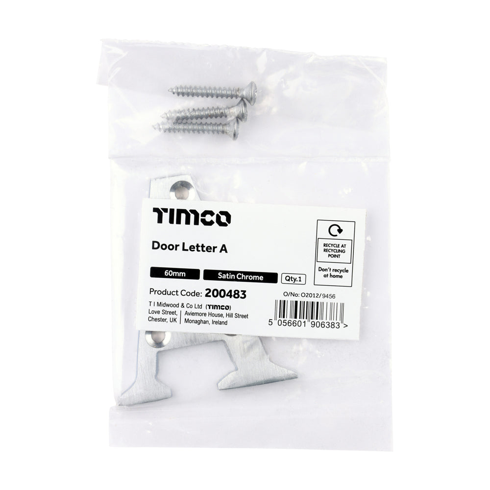 This is an image of Timco - Door Letter A - Satin Chrome 60mm (1 Each Bag) 200483