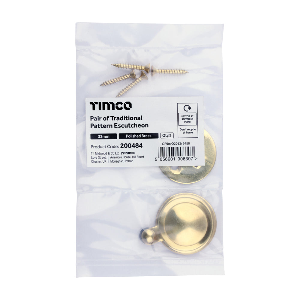 This is an image of Timco - Pair of Traditional Pattern Escutcheon - Polished Brass 32mm (1 Pairs Bag) 200484