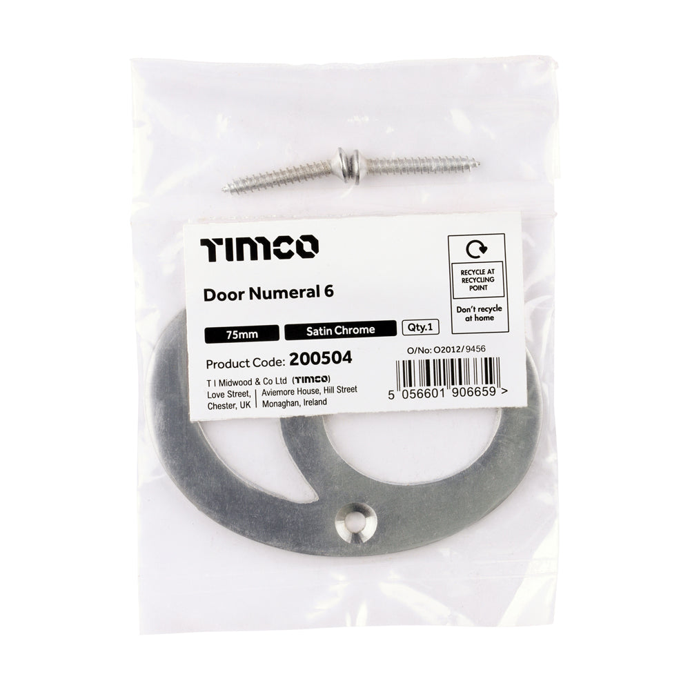 This is an image of Timco - Door Numeral 6 - Satin Chrome 75mm (1 Each Bag) 200504