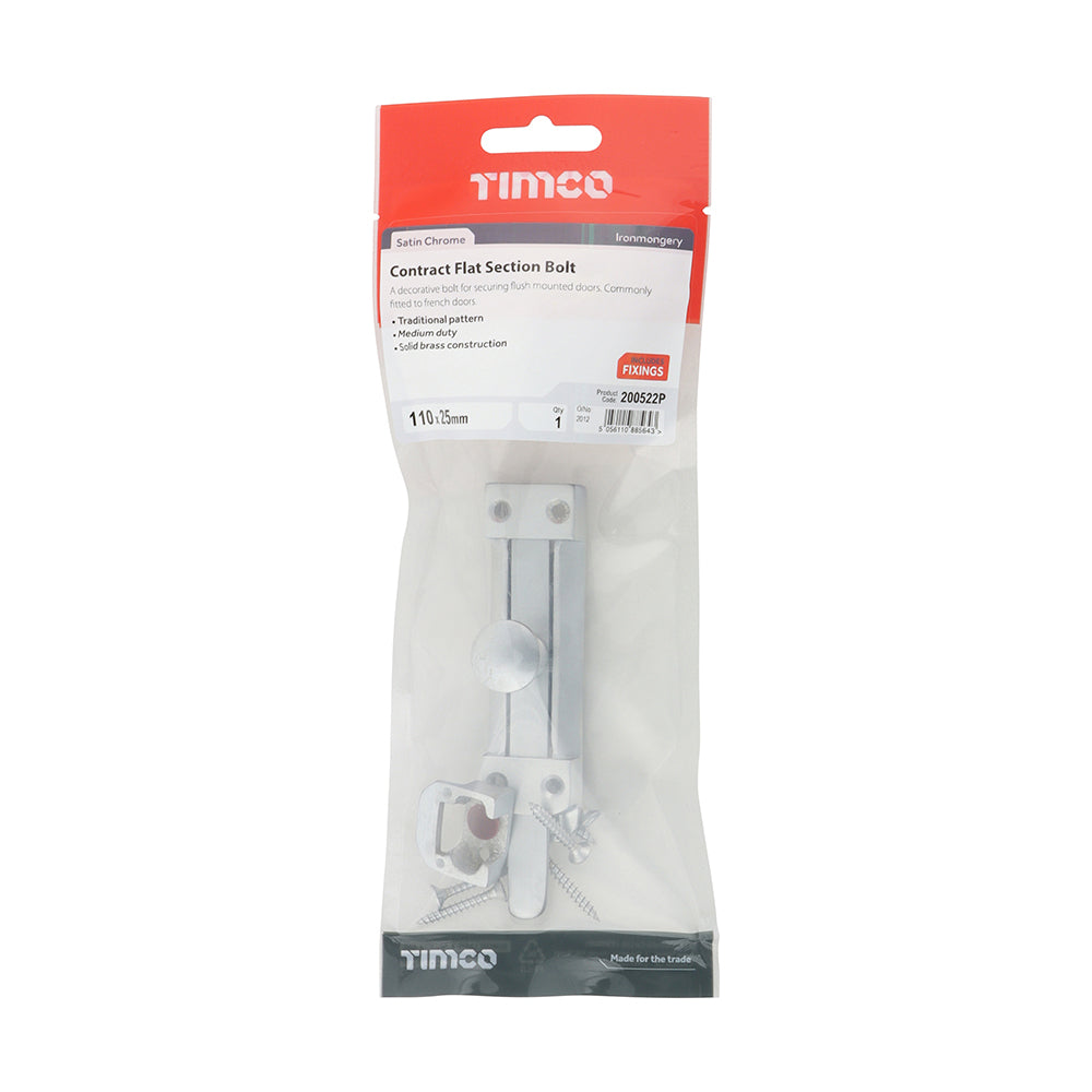 This is an image of Timco - Contract Flat Section Bolt - Satin Chrome 110 x 25mm (1 Each TIMpac) 200522P