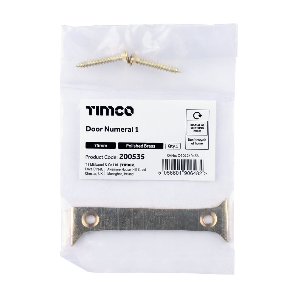 This is an image of Timco - Door Numeral 1 - Polished Brass 75mm (1 Each Bag) 200535
