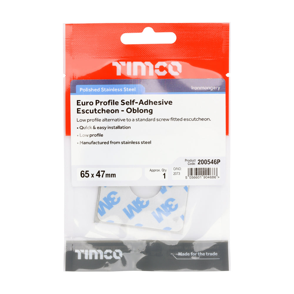 This is an image of Timco - Euro Profile Self-Adhesive Escutcheon - Oblong - Polished Stainless Steel 65 x 47 (1 Each TIMpac) 200546P