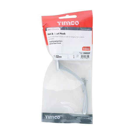 This is an image of Timco - Hat & Coat Hook - Satin Chrome 125 x 32mm (1 Each TIMpac) 200553P