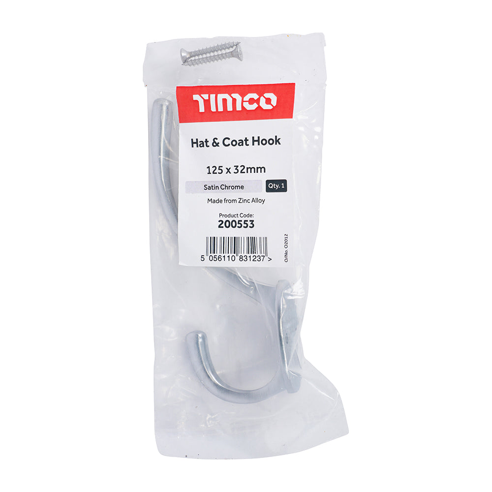 This is an image of Timco - Hat & Coat Hook - Satin Chrome 125 x 32mm (1 Each Bag) 200553