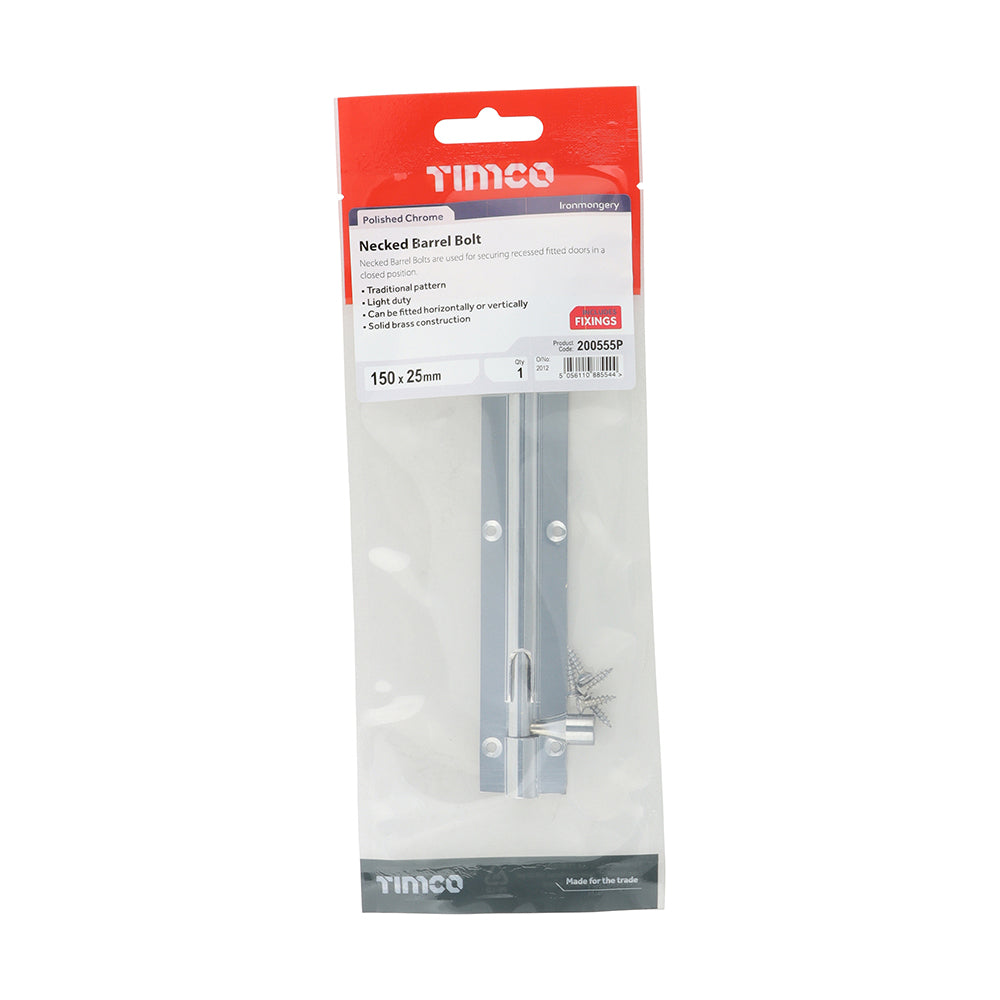 This is an image of Timco - Necked Barrel Bolt - Polished Chrome 150 x 25mm (1 Each TIMpac) 200555P
