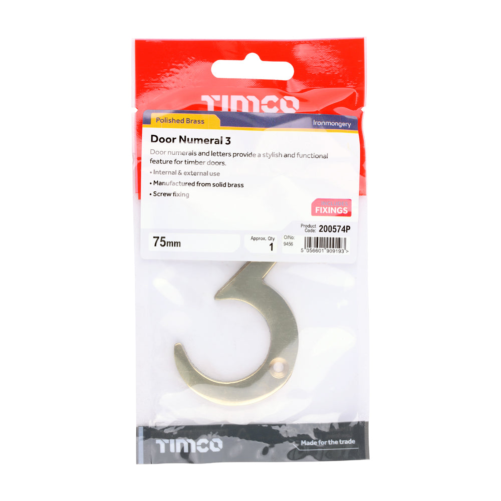 This is an image of Timco - Door Numeral 3 - Polished Brass 75mm (1 Each TIMpac) 200574P