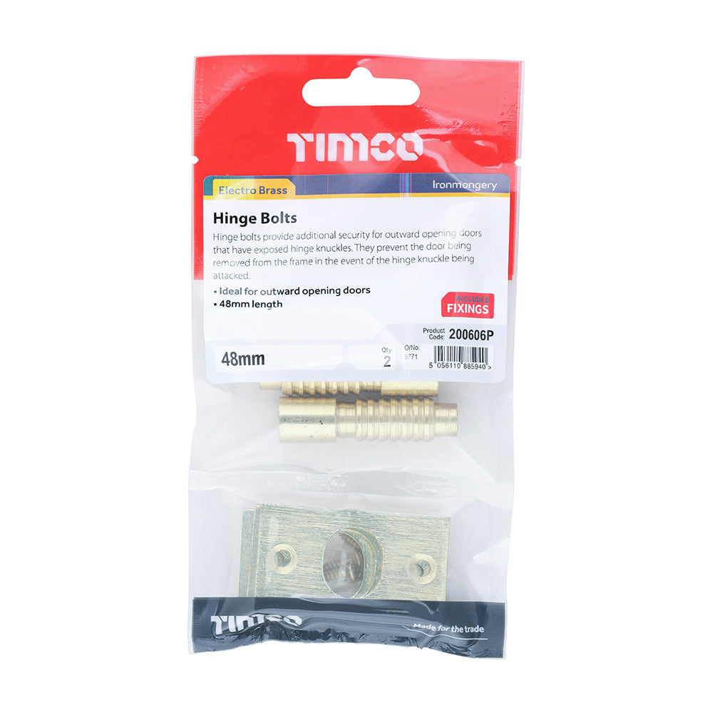 This is an image of Timco - Hinge Bolts - Electro Brass 48mm (2 Pieces TIMpac) 200606P