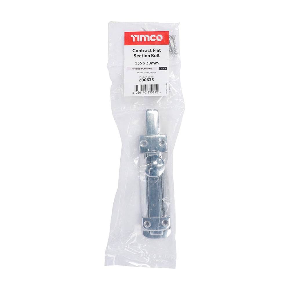 This is an image of Timco - Contract Flat Section Bolt - Polished Chrome 135 x 30mm (1 Each Bag) 200633