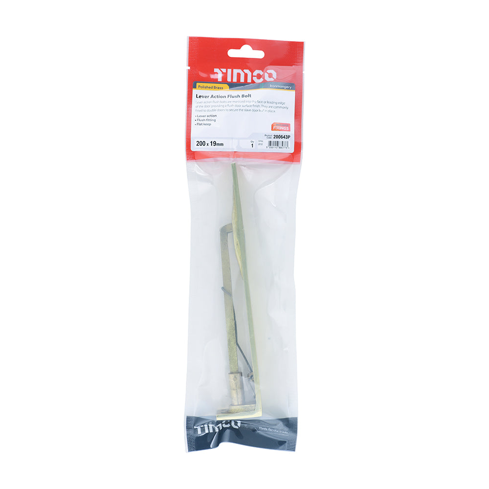 This is an image of Timco - Lever Action Flush Bolt - Polished Brass 200 x 19mm (1 Each TIMpac) 200643P