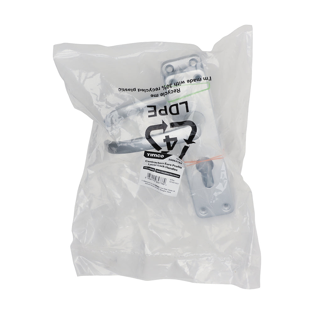 This is an image of Timco - Contractors Euro Profile Lever Lock Handles - Satin Anodised Aluminium 155 x 40 (2 Pieces Bag) 200647BX