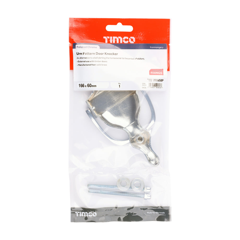 This is an image of Timco - Urn Pattern Door Knocker - Polished Chrome 166 x 60 (1 Each TIMbag) 200658P