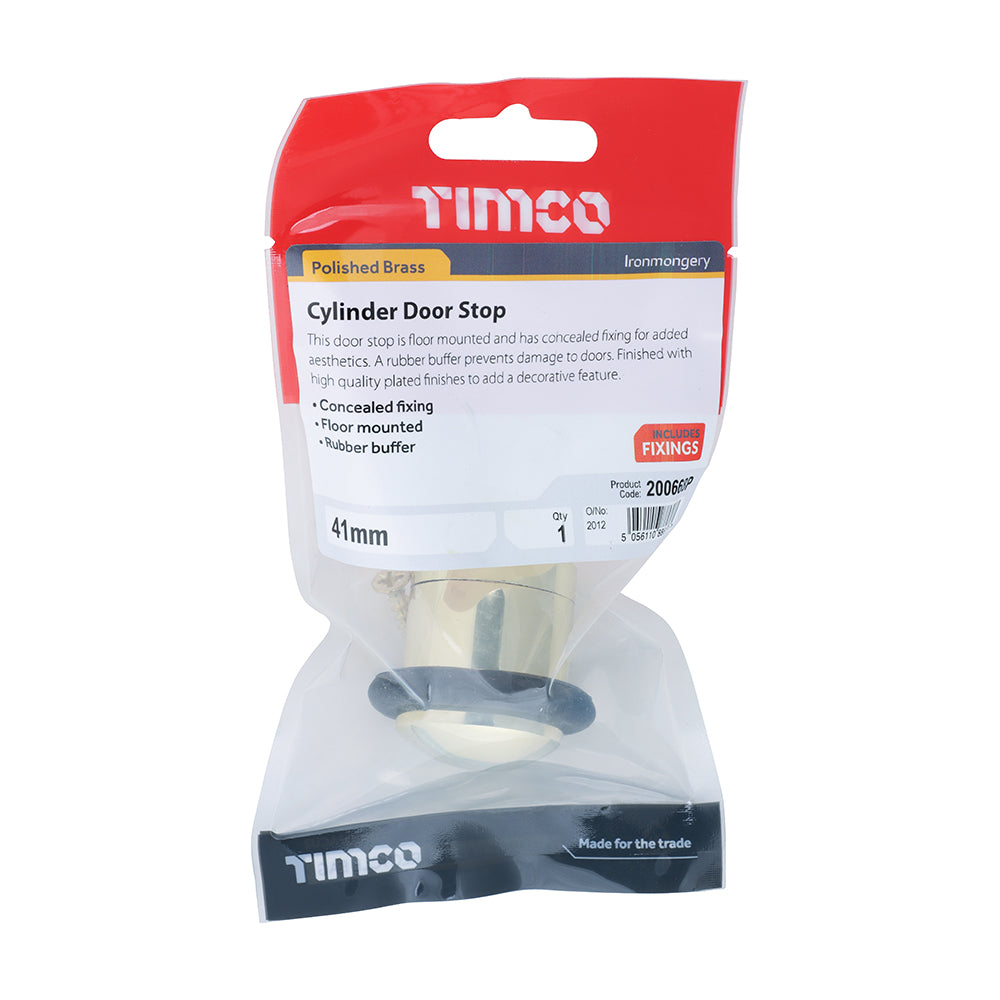 This is an image of Timco - Cylinder Door Stop - Polished Brass 41mm (1 Each TIMpac) 200668P