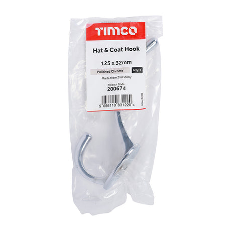 This is an image of Timco - Hat & Coat Hook - Polished Chrome 125 x 32mm (1 Each Bag) 200674