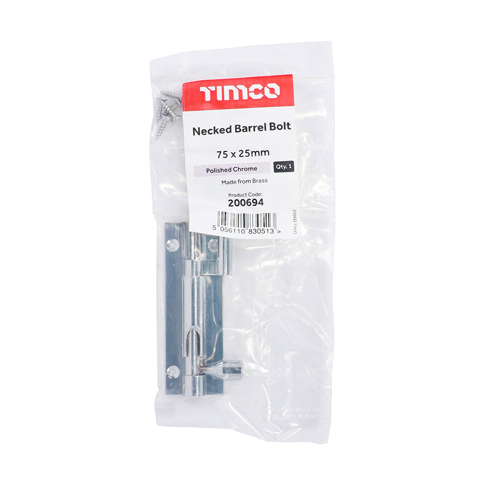 This is an image of Timco - Necked Barrel Bolt - Polished Chrome 75 x 25mm (1 Each Bag) 200694