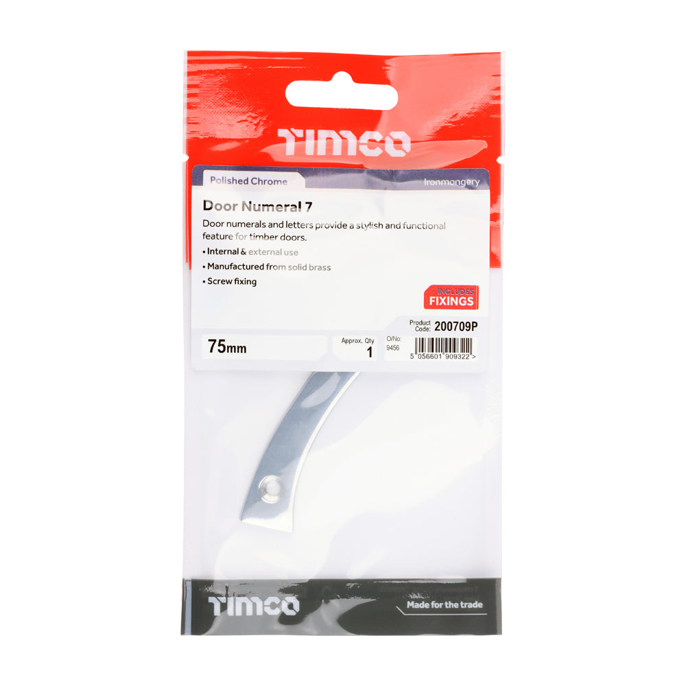 This is an image of Timco - Door Numeral 7 - Polished Chrome 75mm (1 Each TIMpac) 200709P