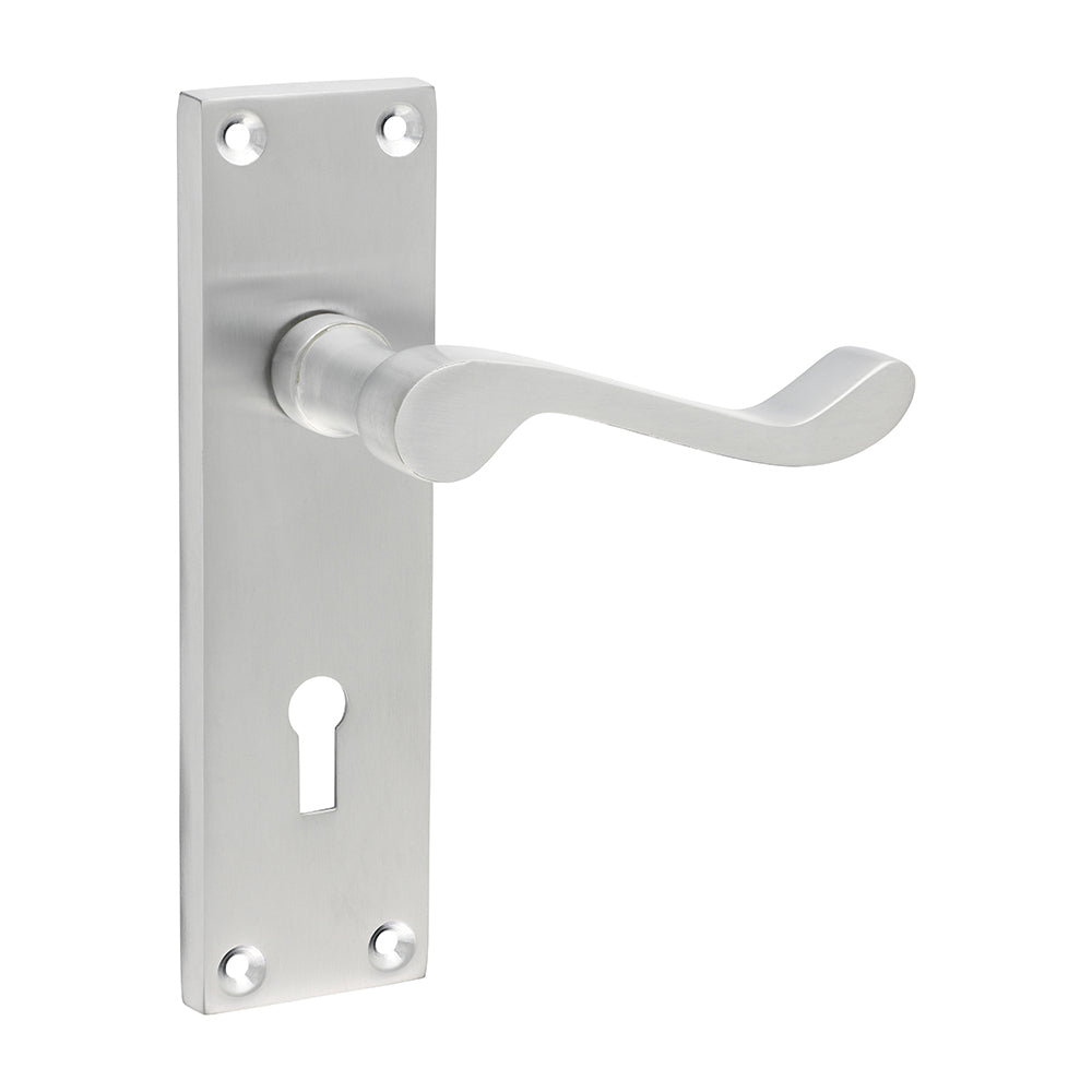 This is an image of Timco - Victorian Scroll Lock Handles - Satin Chrome 152 x 42 (1 Pairs Blister Pack) 200748