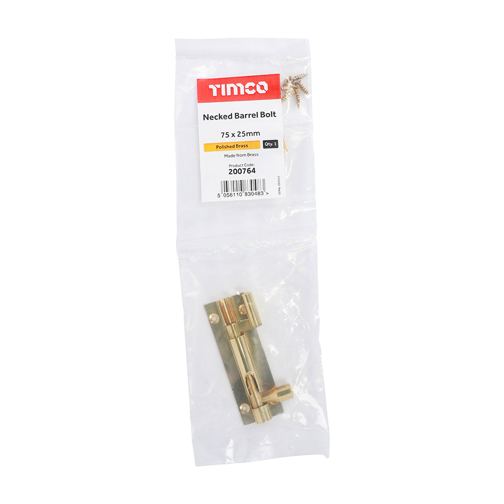 This is an image of Timco - Necked Barrel Bolt - Polished Brass 75 x 25mm (1 Each Bag) 200764