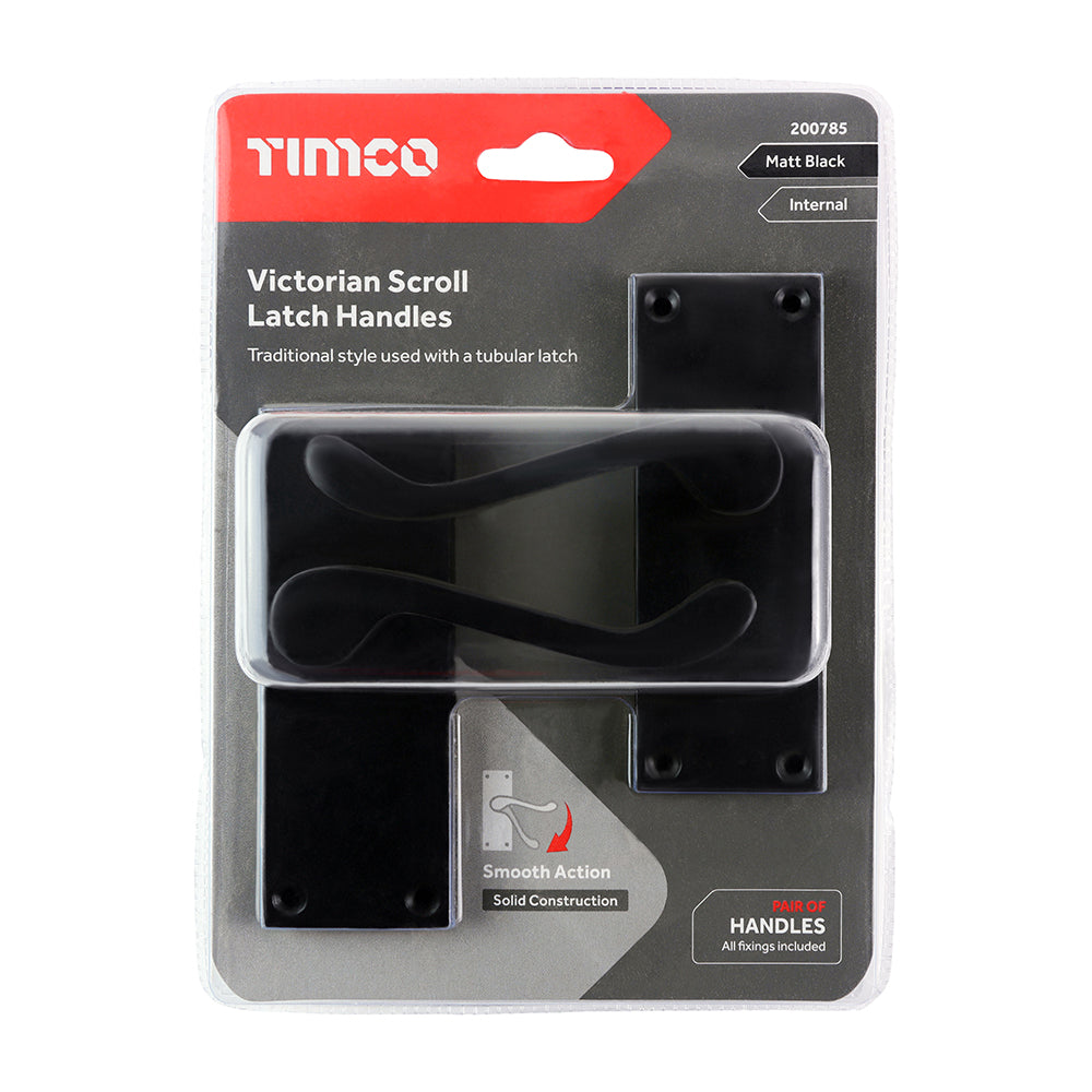 This is an image of Timco - Victorian Scroll Latch Handle - Matt Black 114 x 42 (1 Pairs Blister Pack) 200785