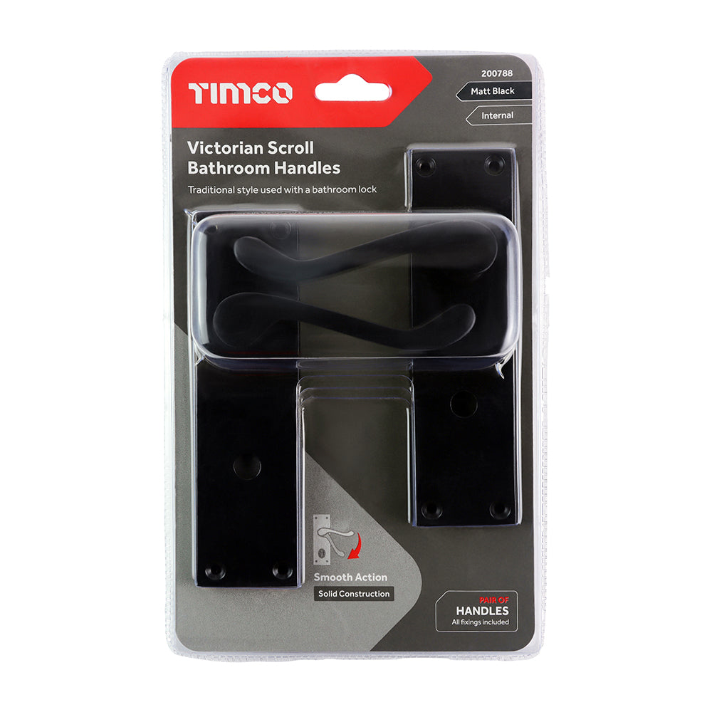 This is an image of Timco - Victorian Scroll Bathroom Handles - Matt Black 152 x 42 (1 Pairs Blister Pack) 200788