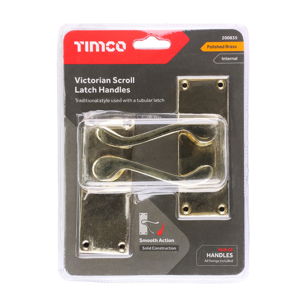 This is an image of Timco - Victorian Scroll Latch Handles - Polished Brass 114 x 42 (1 Pairs Blister Pack) 200835