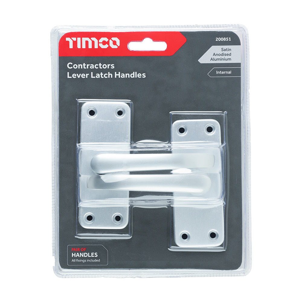 This is an image of Timco - Contractors Lever Latch Handles - Satin Anodised Aluminium 103 x 40 (1 Pairs Blister Pack) 200851